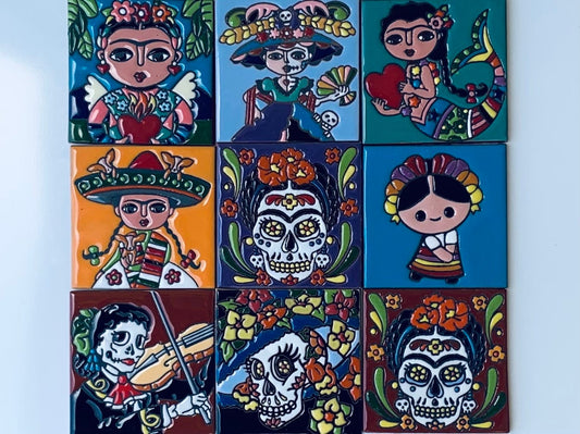 HOLIDAY SALE: Talavera Mexican Tile, Frida Kahlo Day Of The Dead, Ceramic Tile, Coasters, Handmade, Hand painted 4X4"