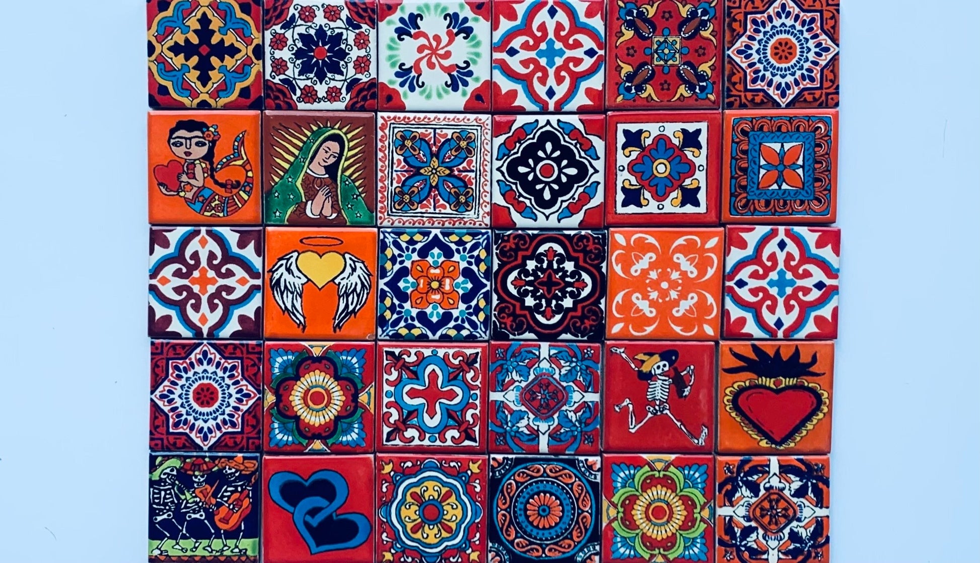 55 Mixed Talavera Tiles, Mexican Tile, Ceramic Tile, Handmade, Hand painted 2X2"