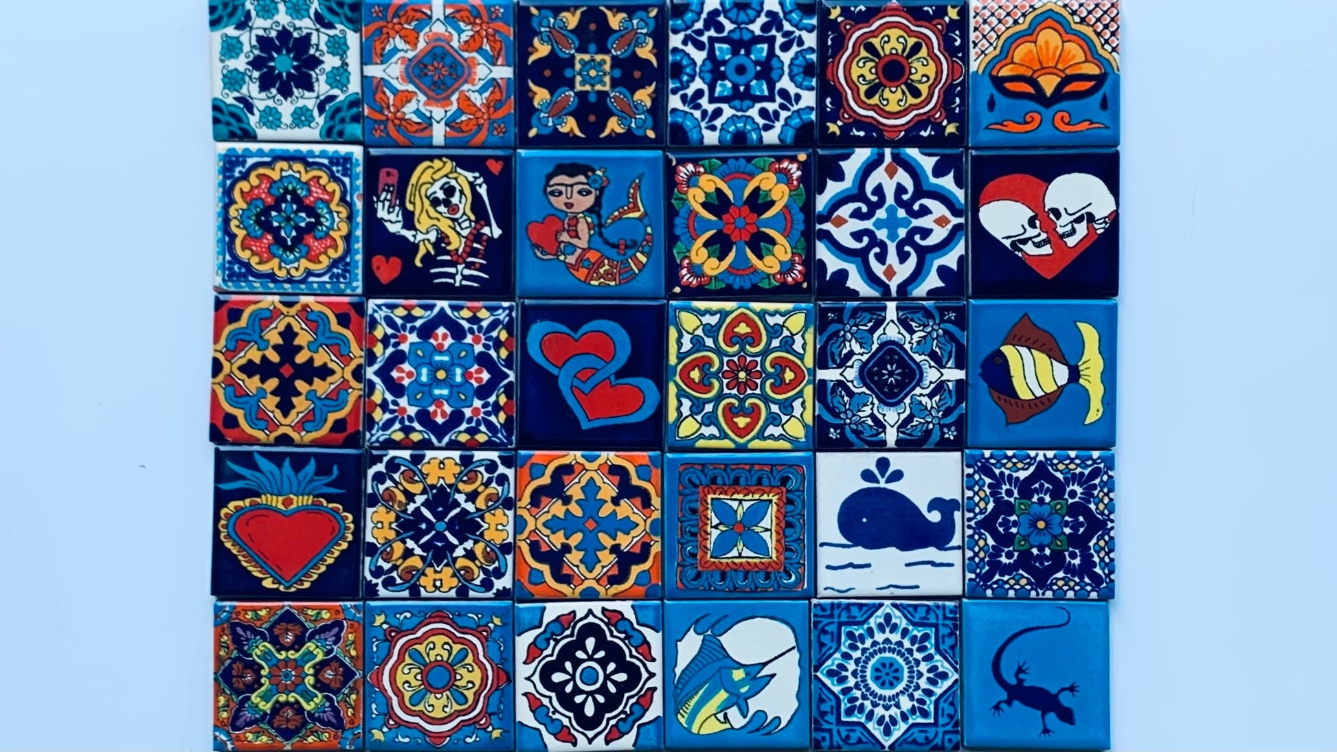 55 Mixed Talavera Tiles, Mexican Tile, Ceramic Tile, Handmade, Hand painted 2X2"