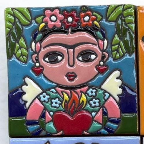 Frida Kahlo Talavera Tile 4x4, Handmade Mexican High Relief Ceramic Tile, Frida Decorative Tile, Dia de los Muertos Decor