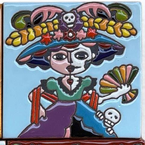 Frida Kahlo Talavera Tile 4x4, Handmade Mexican High Relief Ceramic Tile, Frida Decorative Tile, Dia de los Muertos Decor