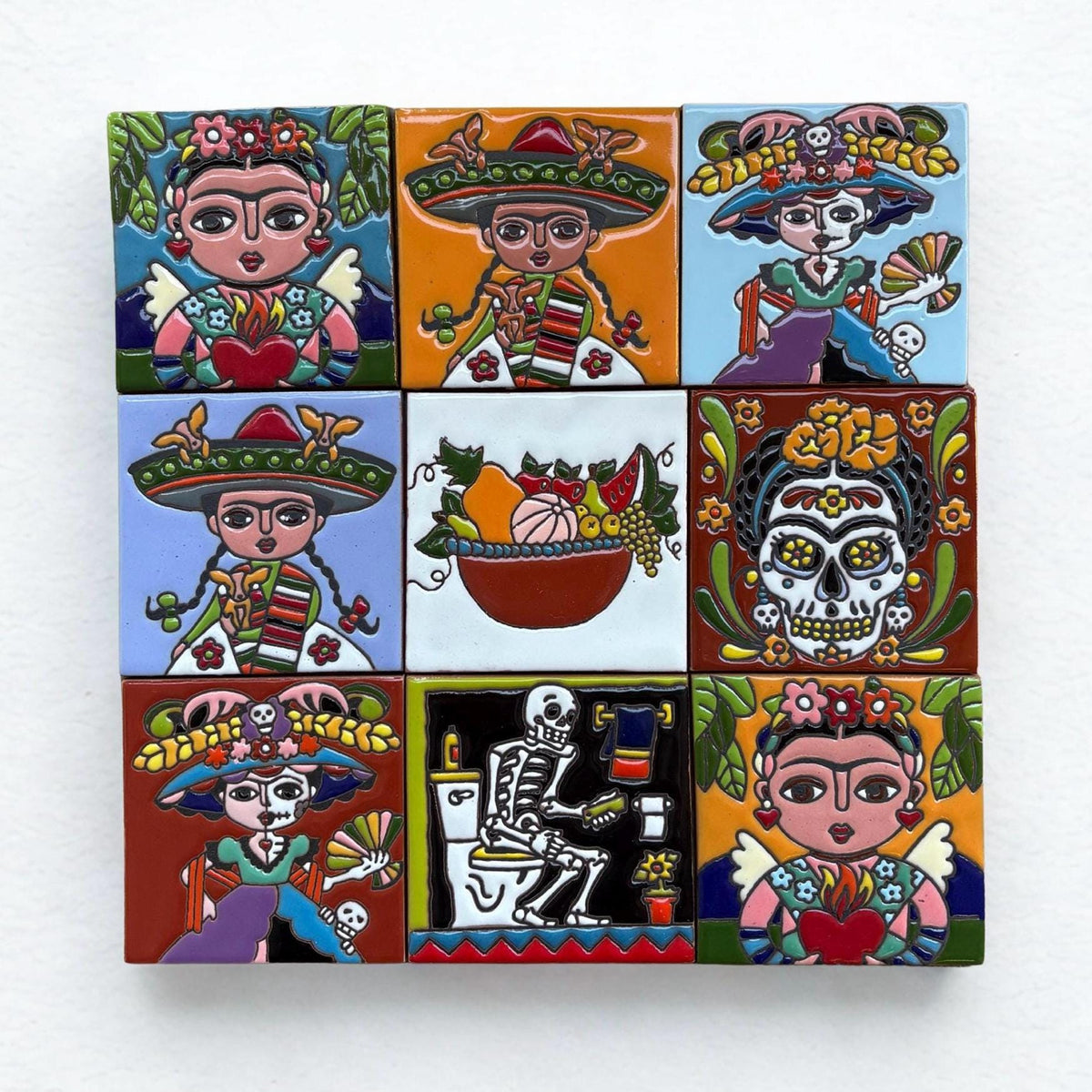 Frida Kahlo Talavera Tile 4x4, Handmade Mexican High Relief Ceramic Tile, Frida Decorative Tile, Dia de los Muertos Decor